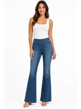 SPANX Cotton Blend Pull On Blue Denim Everywhere Flare 5 Pocket Jeans US Sz XL